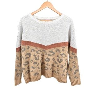 Pink Lily Leopard Print Colorblock Sweater Small Oversized Neutral Drop Shoulder